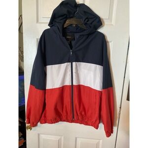 Forever 21+ Womens Colorblock Windbreaker Jacket Navy White Red Hooded 1X